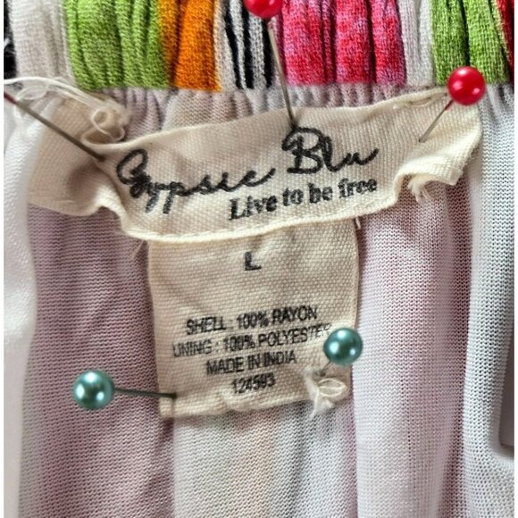 Boho Maxi Skirt Tiered Ruffle Colorful Sz L Gypsy Blu Vertical Hippie Cottage - Picture 8 of 13